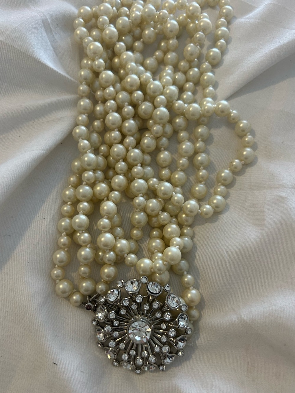Multi-Strand faux pearl Necklace with Crystal Medallion - Women Jewelry